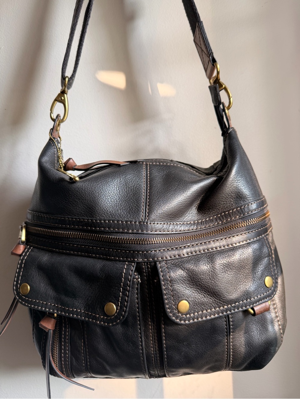 Fossil Morgan Traveler Black Pebbled Leather Crossbody Hobo Bag